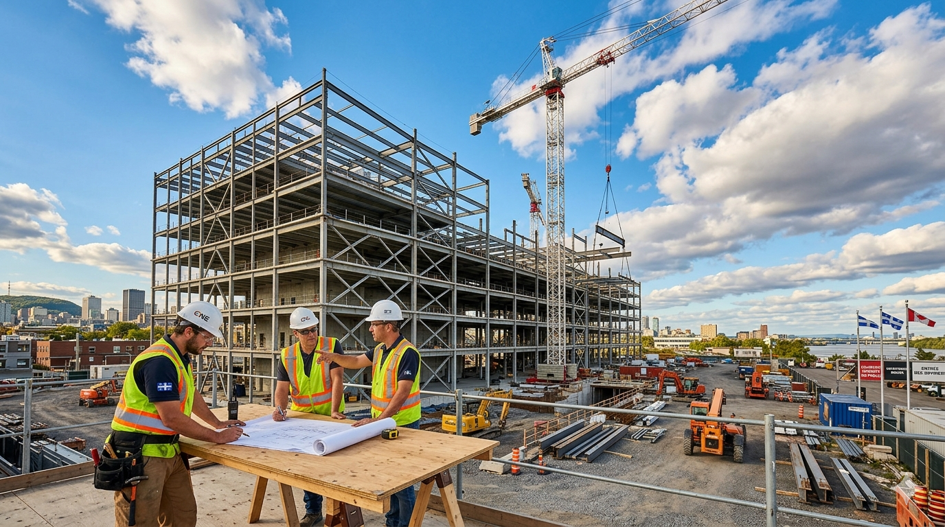 Modern construction site in Montreal with workers reviewing blueprints, steel beams and cranes against blue sky